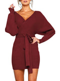 Women's Sexy Cocktail Dress V Neck Long Sleeve Wrap Knit Sweater Mini Dress