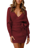 Women's Sexy Cocktail Dress V Neck Long Sleeve Wrap Knit Sweater Mini Dress