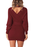 Women's Sexy Cocktail Dress V Neck Long Sleeve Wrap Knit Sweater Mini Dress