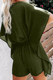 V Neck Ruffle Sleeve High Waisted Romper Olive
