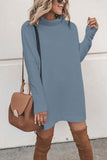 Long Sleeve High Neck Solid Casual Mini Knit Dress Blue
