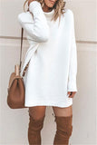 High Neck Long Sleeve Casual Plain Sweater Mini Dress White
