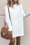 High Neck Long Sleeve Casual Plain Sweater Mini Dress White