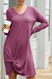 Casual Long Sleeve V Neck Midi T-Shirt Dress Burgundy