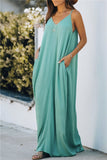 Solid Sleeveless V Neck Loose Pocket Cami Maxi Dress Green