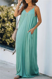 Solid Sleeveless V Neck Loose Pocket Cami Maxi Dress Green