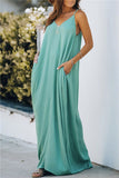Solid Sleeveless V Neck Loose Pocket Cami Maxi Dress Green