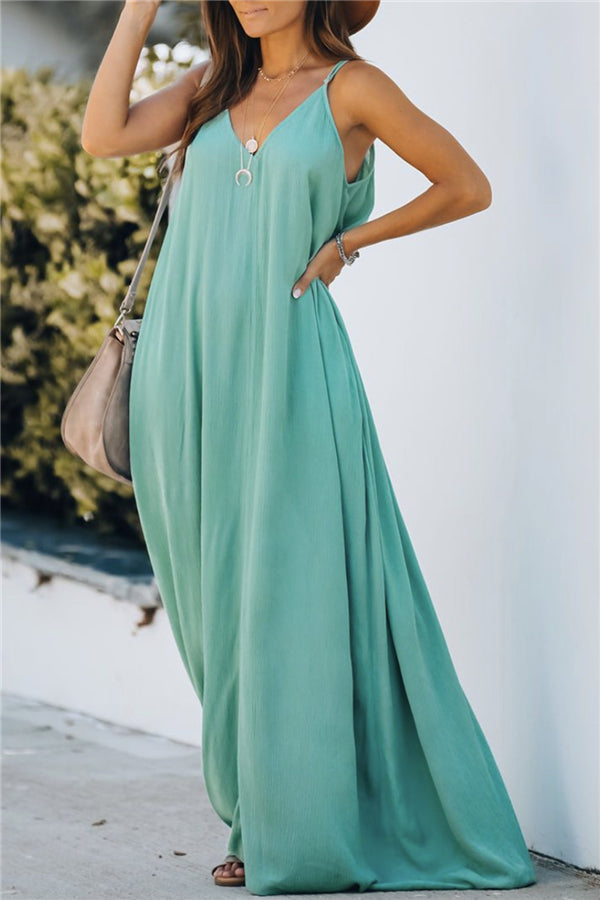 Solid Sleeveless V Neck Loose Pocket Cami Maxi Dress Green