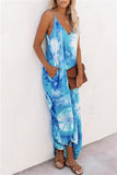 Sleeveless Deep V Neck Loose Tie Dye Cami Maxi Dress Turquoise