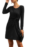Solid Tie Side Long Sleeve Crew Neck Mini T-Shirt Dress Black
