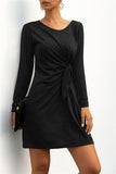 Solid Tie Side Long Sleeve Crew Neck Mini T-Shirt Dress Black