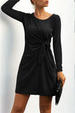 Solid Tie Side Long Sleeve Crew Neck Mini T-Shirt Dress Black