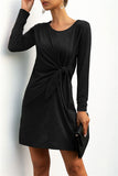 Solid Tie Side Long Sleeve Crew Neck Mini T-Shirt Dress Black