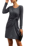 Crew Neck Long Sleeve Knot Plain Mini T-Shirt Dress Dark Grey