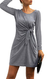 Long Sleeve Crew Neck Solid Mini T-Shirt Dress Light Grey