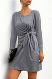 Long Sleeve Crew Neck Solid Mini T-Shirt Dress Light Grey