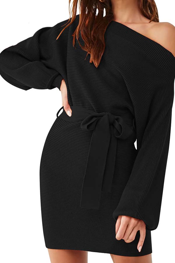 Sexy Off Shoulder Batwing Sleeve Sweater Dress With Belt Black