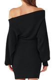 Sexy Off Shoulder Batwing Sleeve Sweater Dress With Belt Black