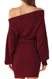 Off Shoulder Dolman Sleeve Ribbed Sweater Dress Ruby