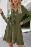 V Neck Waffle Knit Ruffle Mini Dress With Button Olive