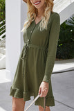 V Neck Waffle Knit Ruffle Mini Dress With Button Olive