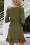 V Neck Waffle Knit Ruffle Mini Dress With Button Olive