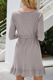 Long Sleeve Ruffle Waffle Knit Mini Dress Gray