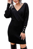 Long Sleeve Wrap Neck Ribbed Sweater Dress Black