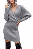 Solid Wrap Neck Long Sleeve Mini Knit Dress Grey