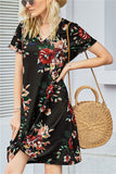 Floral Print Short Sleeve Twist T-Shirt Dress Black