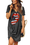 Sexy V Neck Short Sleeve Lip Print Mini Dress Gray