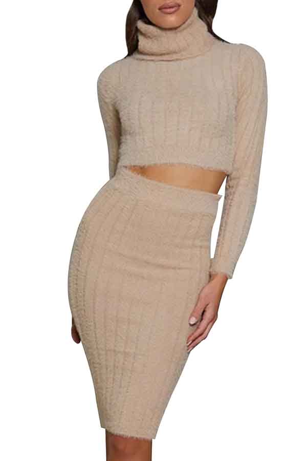 Long Sleeve High Neck Pencil Skirt Knit Suit Apricot