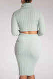 Solid Crop Top Bodycon Skirt Sweater Suit Light Green