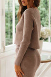 Pullover Plain Ribbed Sweater Slit Skirt Set Coffee