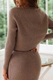 Pullover Plain Ribbed Sweater Slit Skirt Set Coffee