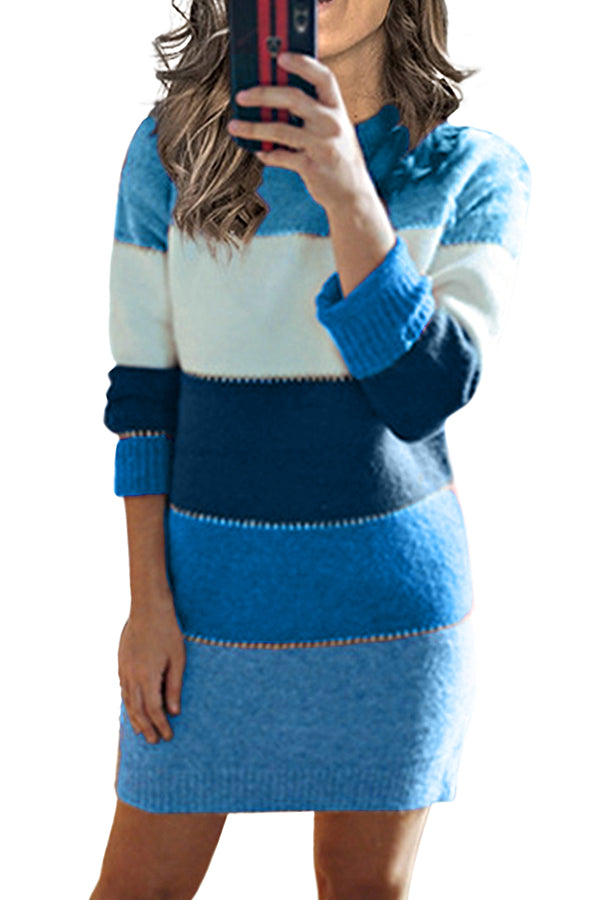 Color Block Long Sleeve Mini Dress Blue