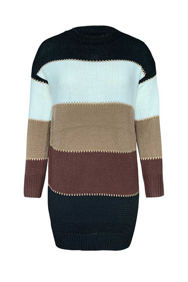 Long Sleeve Color Block Sweater Dress Brown