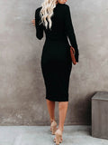 PCD3679BL-S, PCD3679BL-L, PCD3679BL-M, PCD3679BL-XL, Black Women's Long Sleeve Solid Color Bodycon Midi Dress