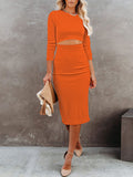 PCD3679CS-L, PCD3679CS-M, PCD3679CS-S, PCD3679CS-XL, Orange Women's Long Sleeve Solid Color Bodycon Midi Dress