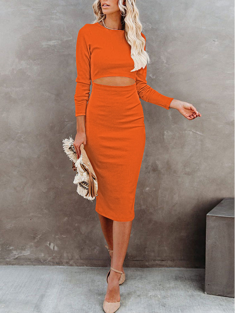 PCD3679CS-L, PCD3679CS-M, PCD3679CS-S, PCD3679CS-XL, Orange Women's Long Sleeve Solid Color Bodycon Midi Dress