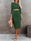 PCD3679GR-L, PCD3679GR-M, PCD3679GR-S, PCD3679GR-XL, Green Women's Long Sleeve Solid Color Bodycon Midi Dress