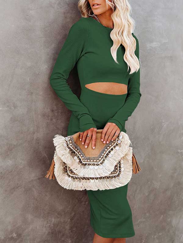 PCD3679GR-L, PCD3679GR-M, PCD3679GR-S, PCD3679GR-XL, Green Women's Long Sleeve Solid Color Bodycon Midi Dress