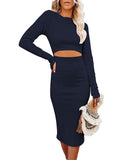 PCD3679ZQ-L, PCD3679ZQ-XL, PCD3679ZQ-S, PCD3679ZQ-M, Navy Blue Women's Long Sleeve Solid Color Bodycon Midi Dress