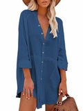 Women's Long Sleeve V Neck Button Down Shirt Summer Tunic Dresses