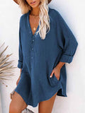 Women's Long Sleeve V Neck Button Down Shirt Summer Tunic Dresses