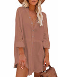 Women's Long Sleeve V Neck Button Down Shirt Summer Tunic Dresses