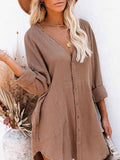 Women's Long Sleeve V Neck Button Down Shirt Summer Tunic Dresses
