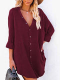 Women's Long Sleeve V Neck Button Down Shirt Summer Tunic Dresses