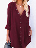 Women's Long Sleeve V Neck Button Down Shirt Summer Tunic Dresses