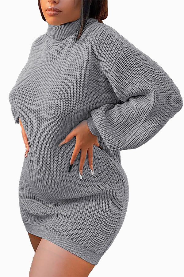 Womens Turn-Down Neck Grey Sweater Dress